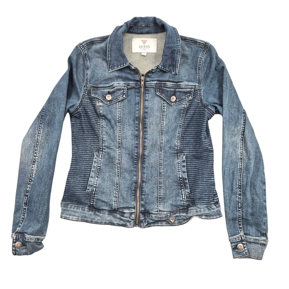 Guess Womens Medium Wash Zip Front Moto Denim Jacket Ribbed Panels Blue L L/G